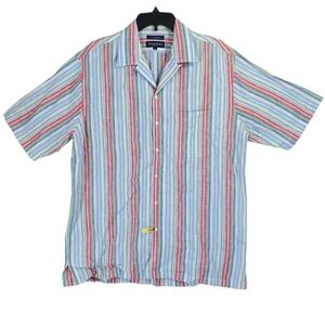 Austin Reed London Pure Linen Shirt Mens L Red Blue Multi Striped Button Down SS
